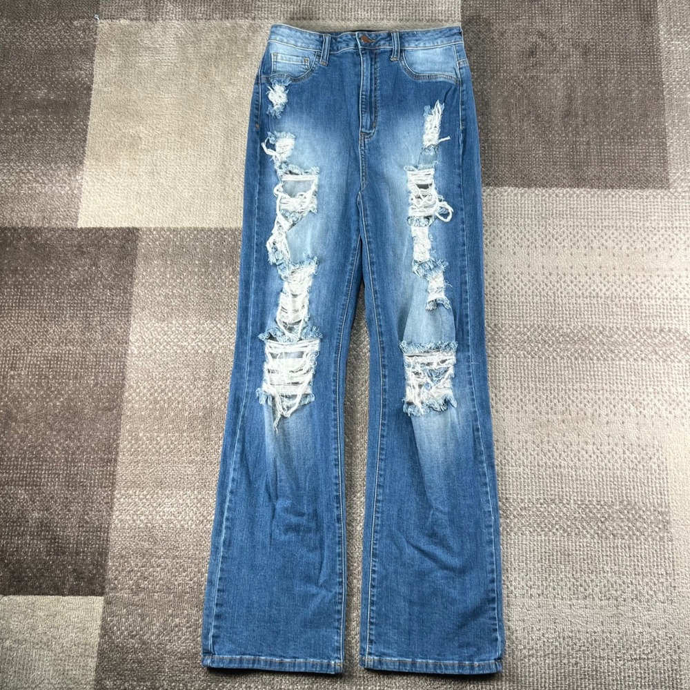 Akira High Waisted Distressed Flare Jeans Blue AP40131 Size 15(32)